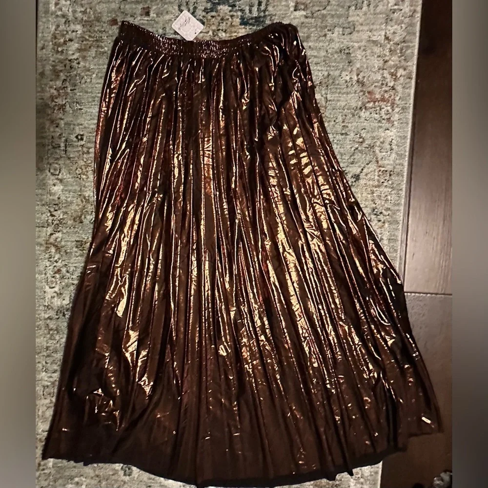 Free People En Saison Pleated Metallic Midi Skirt — Brown, NWT, Size L